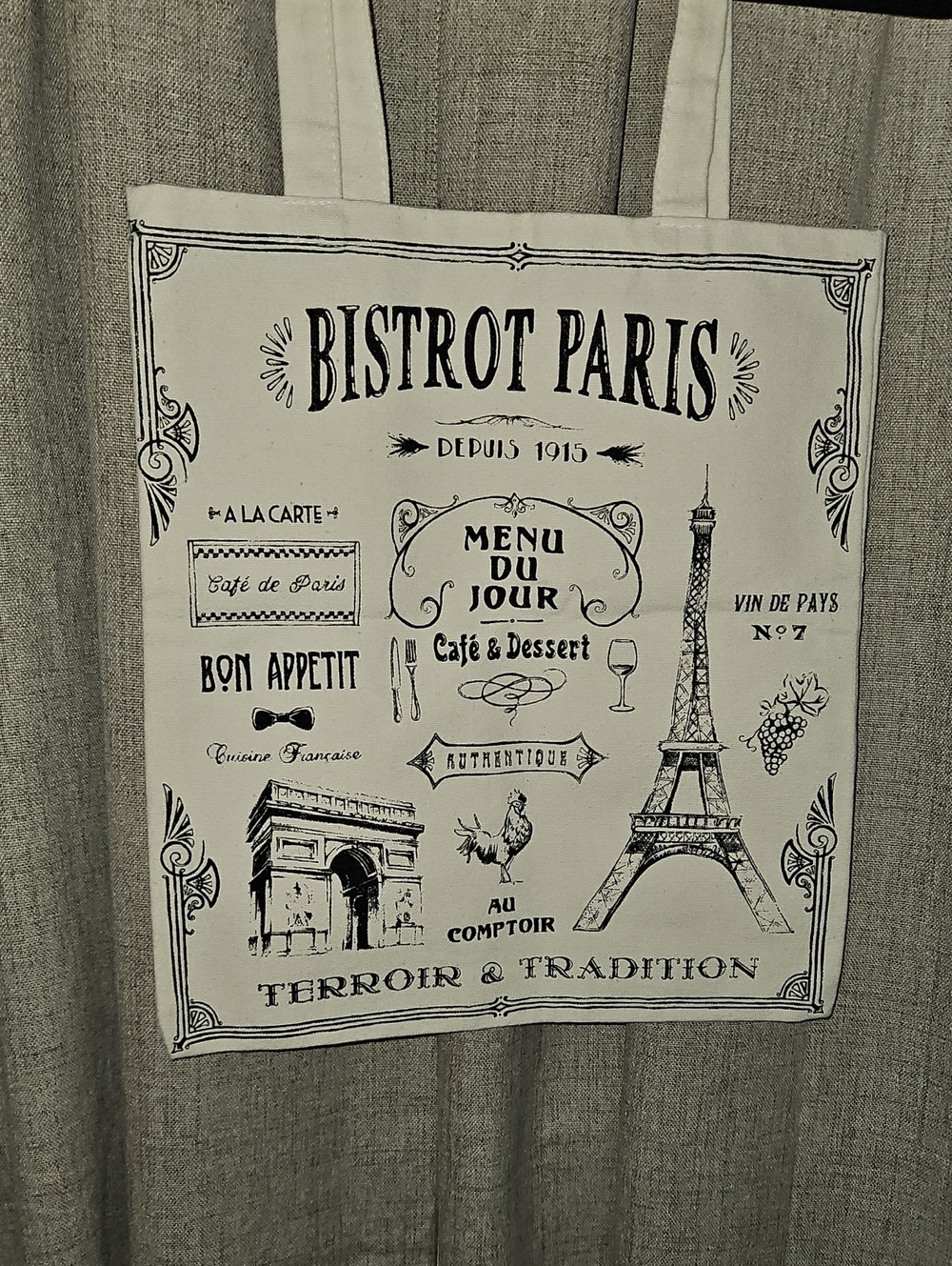 Canvas Tote Bag with Bistrot Paris Print - Cream/Black